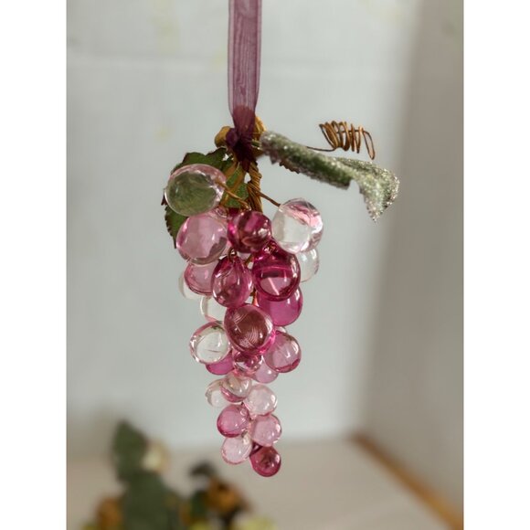 Glass Grapevine Christmas Ornaments Set Of 3 In Green & Pink With Ribbon & Leaf - Picture 3 of 3